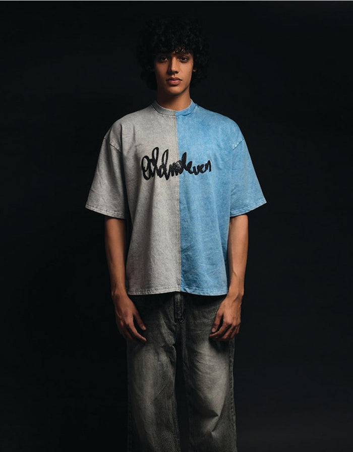 Half n Half T Shirt (Grey-Blue) - graphic streetwear oversized t-shirt, Odd Not Even