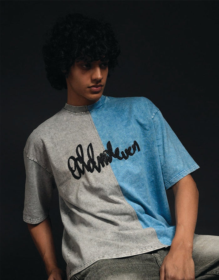 Half n Half T Shirt (Grey-Blue) - streetwear oversized t-shirt in grey-blue