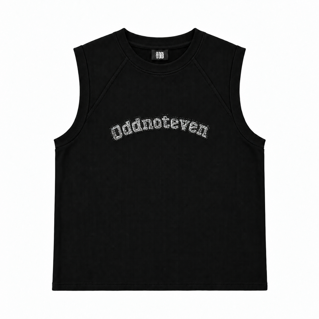 00 After Dark Black Sleeveless T Shirt, front view with arched oddnoteven wordmark