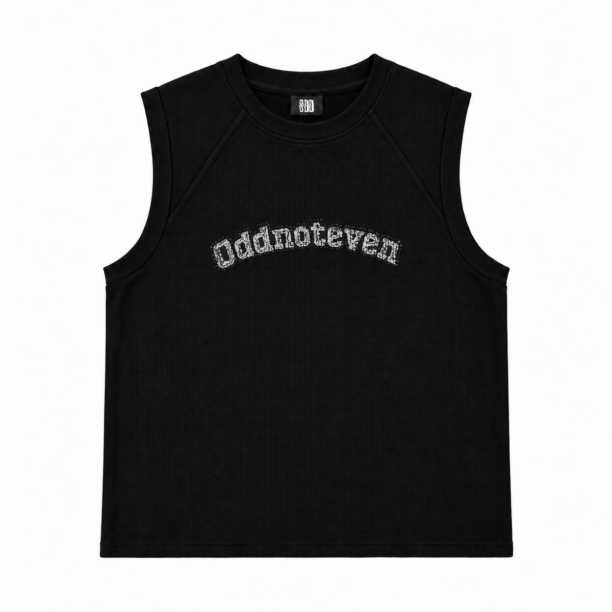 00 After Dark Black Sleeveless T Shirt, front view with arched oddnoteven wordmark