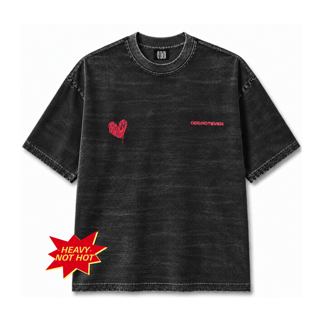 Scribble Heart Black Washed Tshirt, flat front view with embroidered red heart