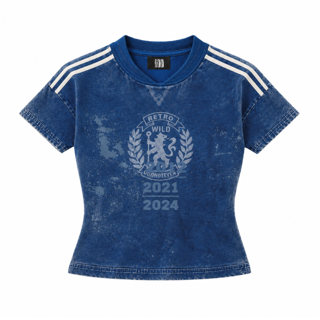 Blue Lions Retro Baby Tee in deep blue, flat front view