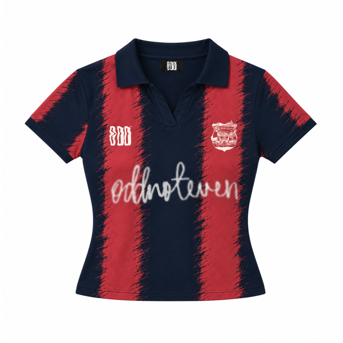 Catalan Retro Baby Tee in garnet and deep blue, flat front view