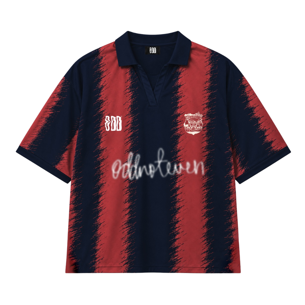 The Catalan Retro Polo in garnet and deep blue, flat front view
