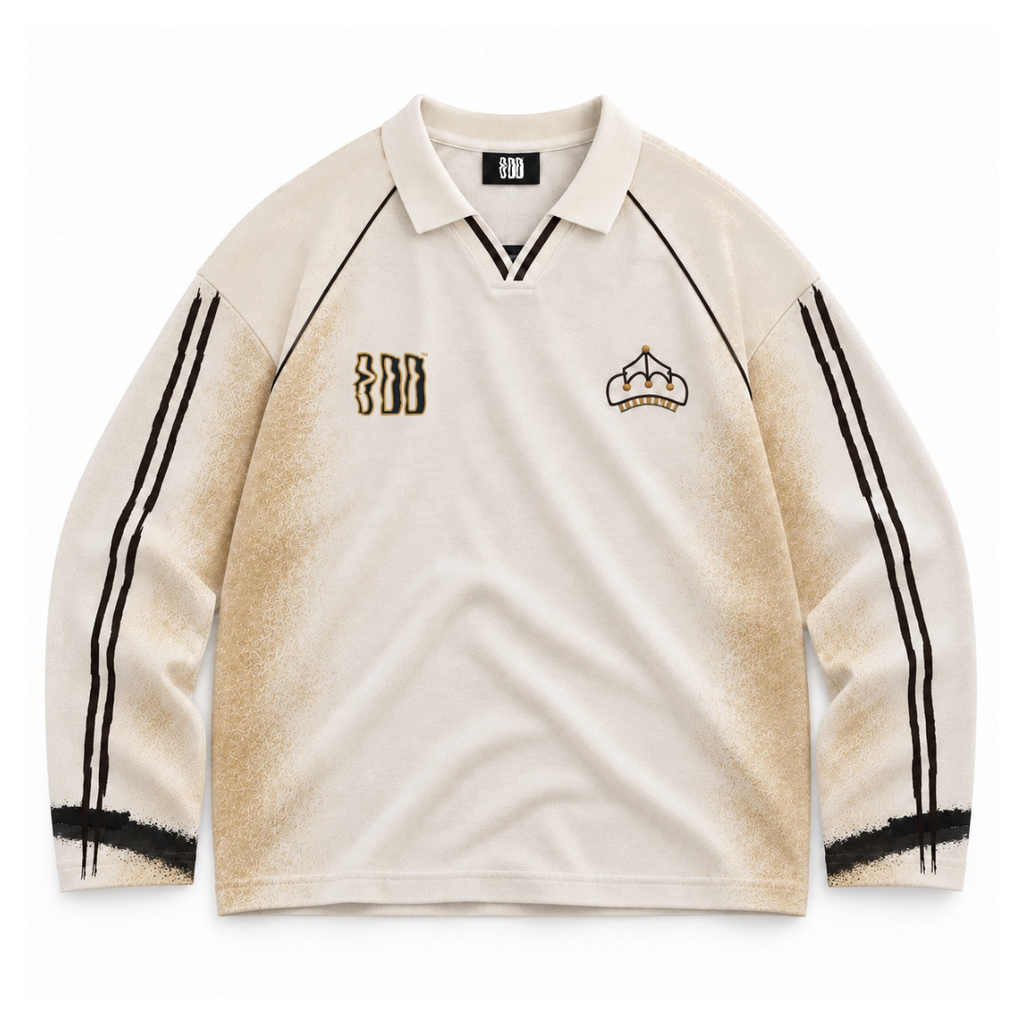 Crowned White Retro Polo in all white, flat front view