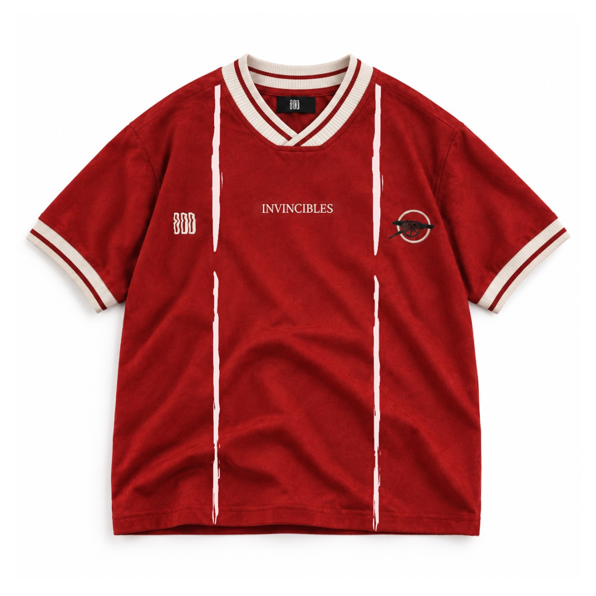 The Gunners Retro Tee with red body and white sleeves, flat front view